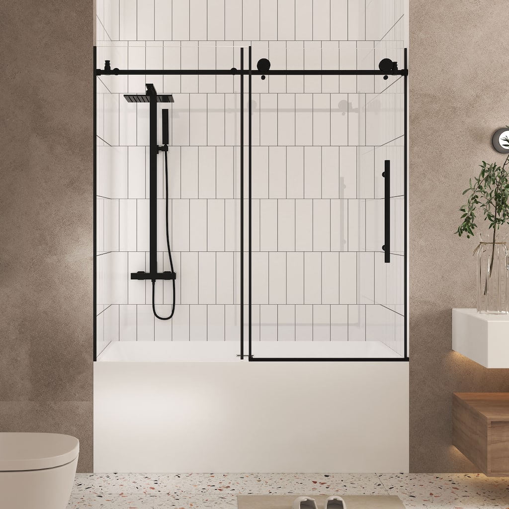 GDFStudio - Aldridge Frameless Sliding Bathroom Shower Door, Adjustable Width with Clear Tempered Safety Glass