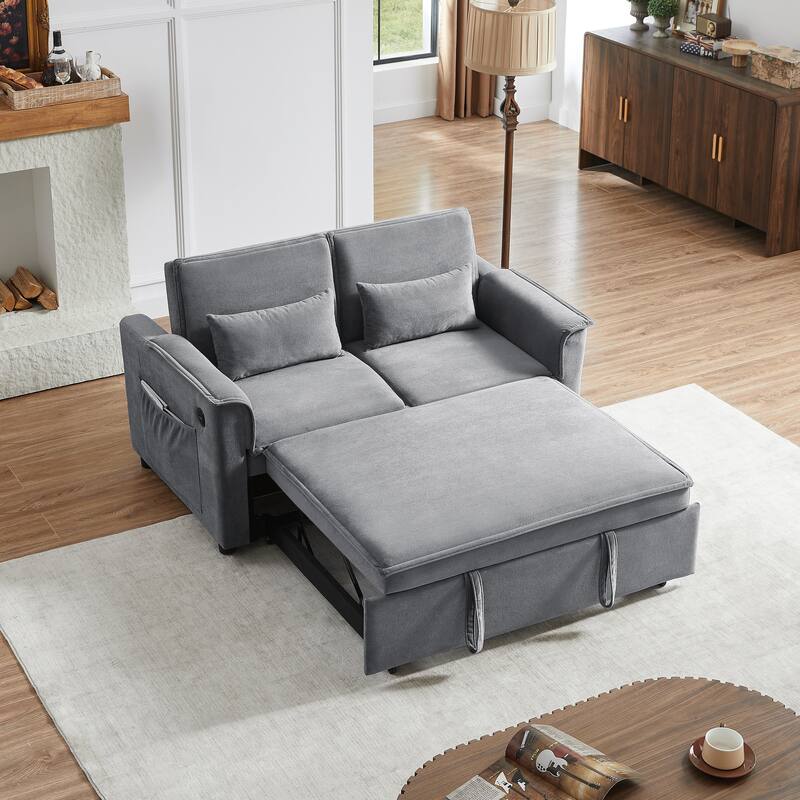 55" Fabric Sofa Bed with Sleeper, Adjustable Backrest & 2 Lumbar Pillows