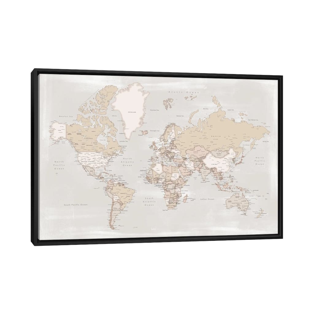 iCanvas "Rustic Distressed Detailed World Map With Cities, Lucille" by blursbyai Framed Canvas Print