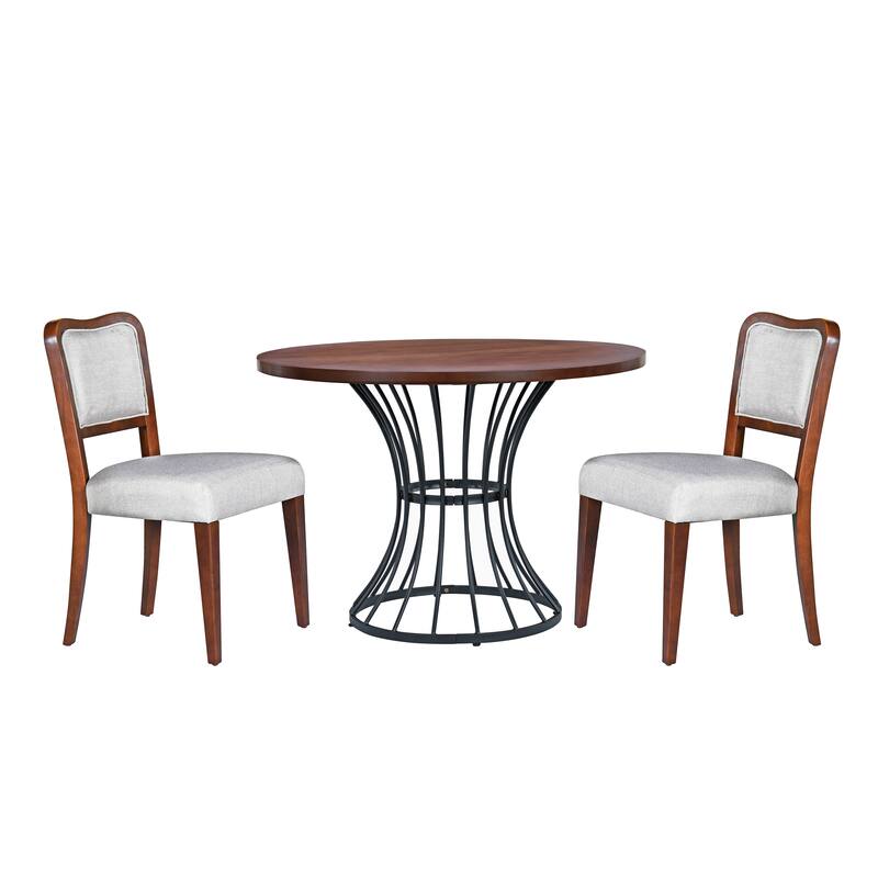 42" Round Dining Set - Solid Wood-Look Veneer Table + 2 Upholstered Walnut-Finish Chairs, Heavy-Duty Iron Base