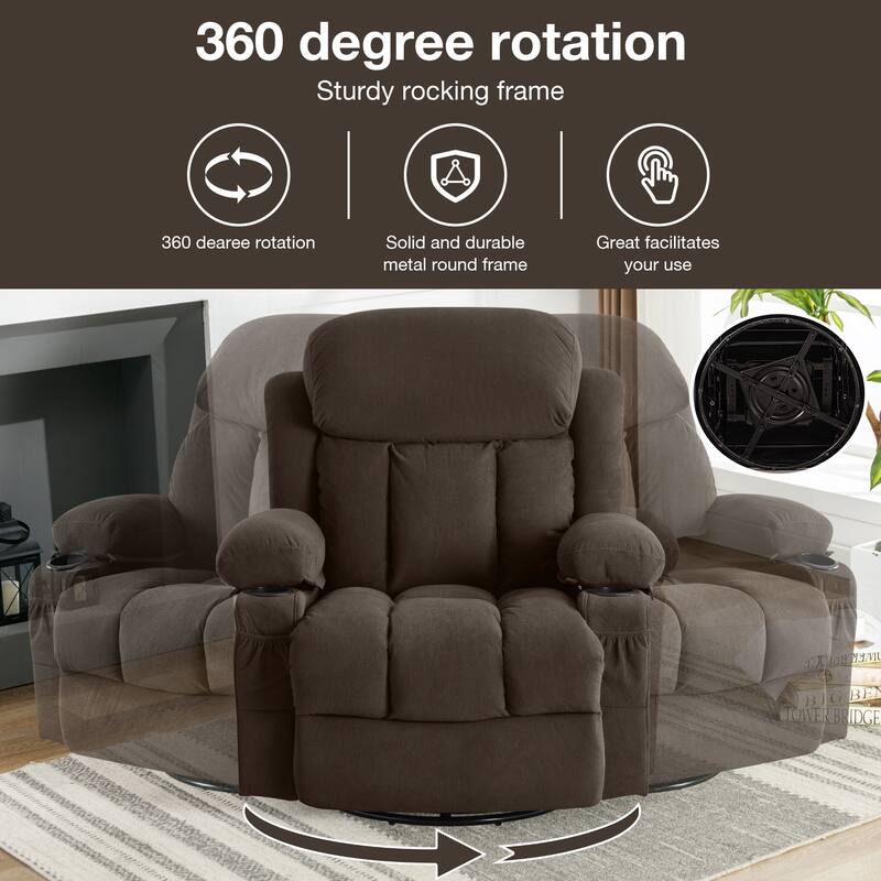 Swinging Recliner Massage Heated Sofa with USB, Cup Holders, Side Pockets, Eight Acupoint Massage