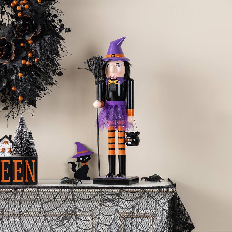 Glitzhome 18.50"H Halloween Wood Black Cat Witch Nutcracker with Jack-O-Lantern - Witch