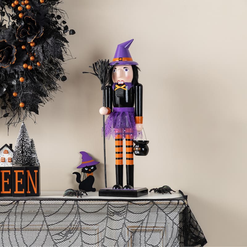 Glitzhome 18.50"H Halloween Wood Witch Nutcracker with Witch Cat Ornament