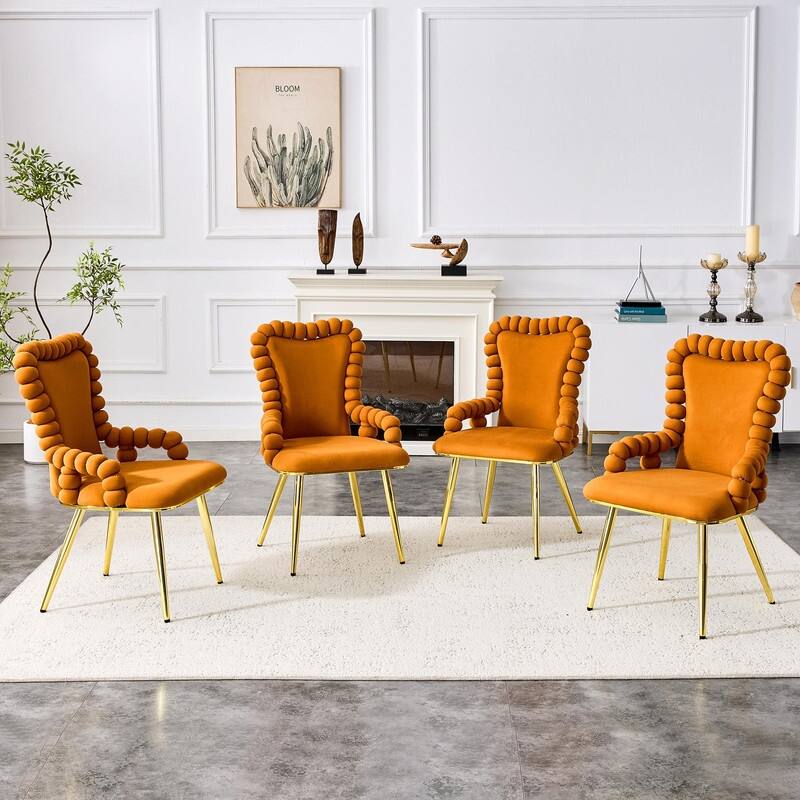 Set of 2 Puffy Bubble Velvet Dining Chairs with Ball Chain Design & Gold Legs