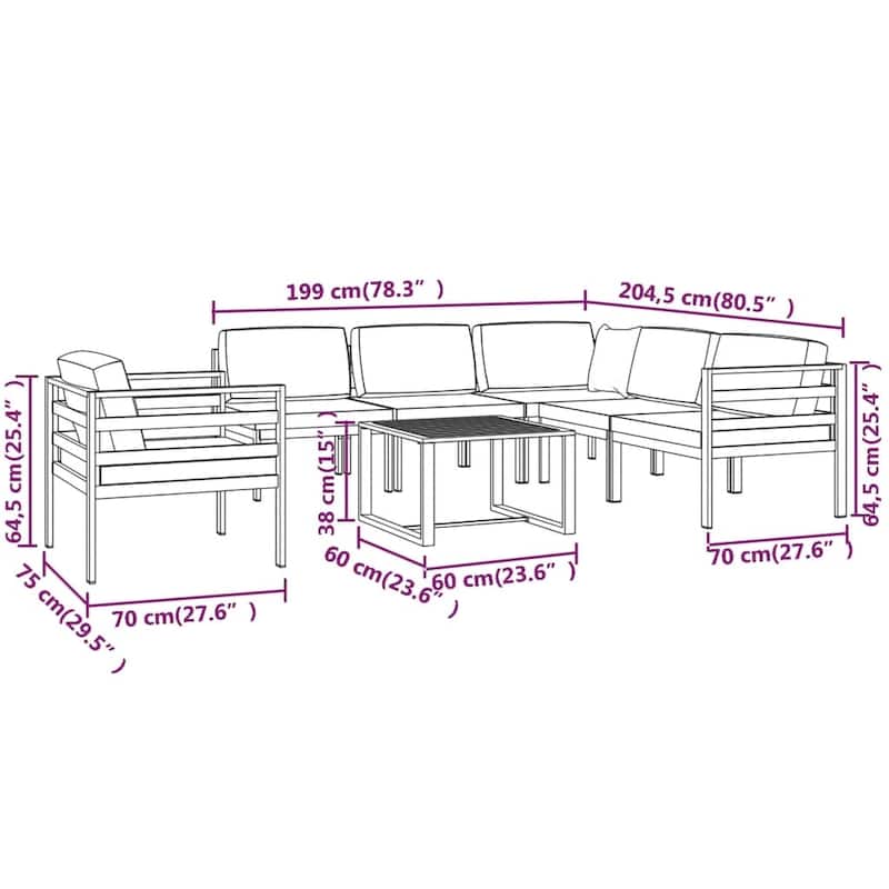 vidaXL Patio Lounge Set Outdoor Sectional Sofa Set Table Aluminum Anthracite - 27.6" x 27.6" x 25.4"