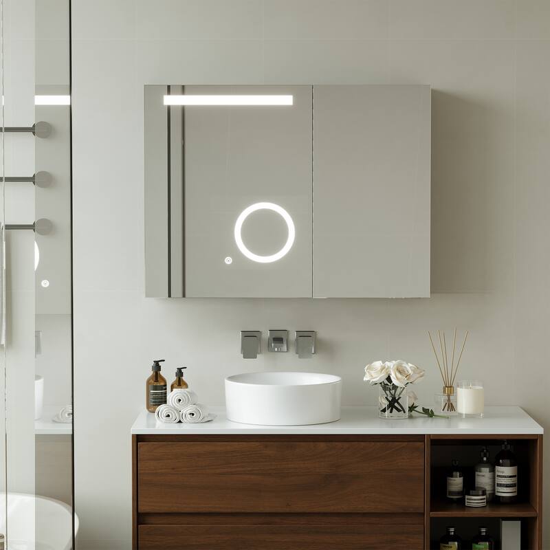Modern LED Vanity Mirror Cabinet With Adjustable Lighting & Magnifying Mirror