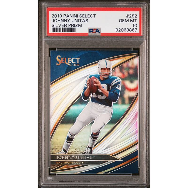 Johnny Unitas 2019 Panini Select Silver Prizm Football Card #282 Graded PSA 10 - 8'6" x 11'6"