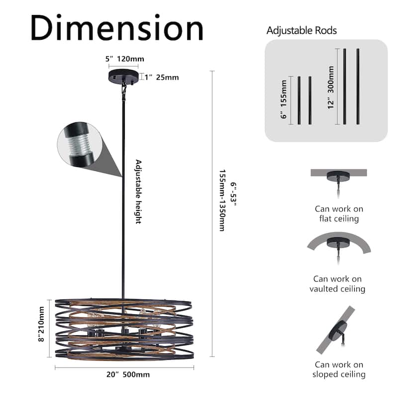 20" Rustic Industrial Pendant Light, 5-Light Black and Walnut Metal Cage Chandelier with Wood Accent