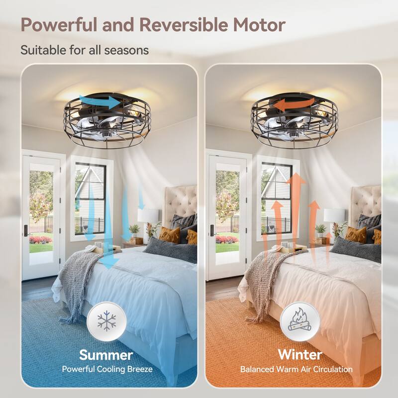 12" Low Profile Enclosed Cage Ceiling Fan with Light and Remote