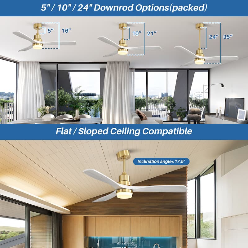 Sofucor 52" Modern Farmhouse Ceiling Fan With Light and Remote Solid Wood & 3 Blades - 52 Inches