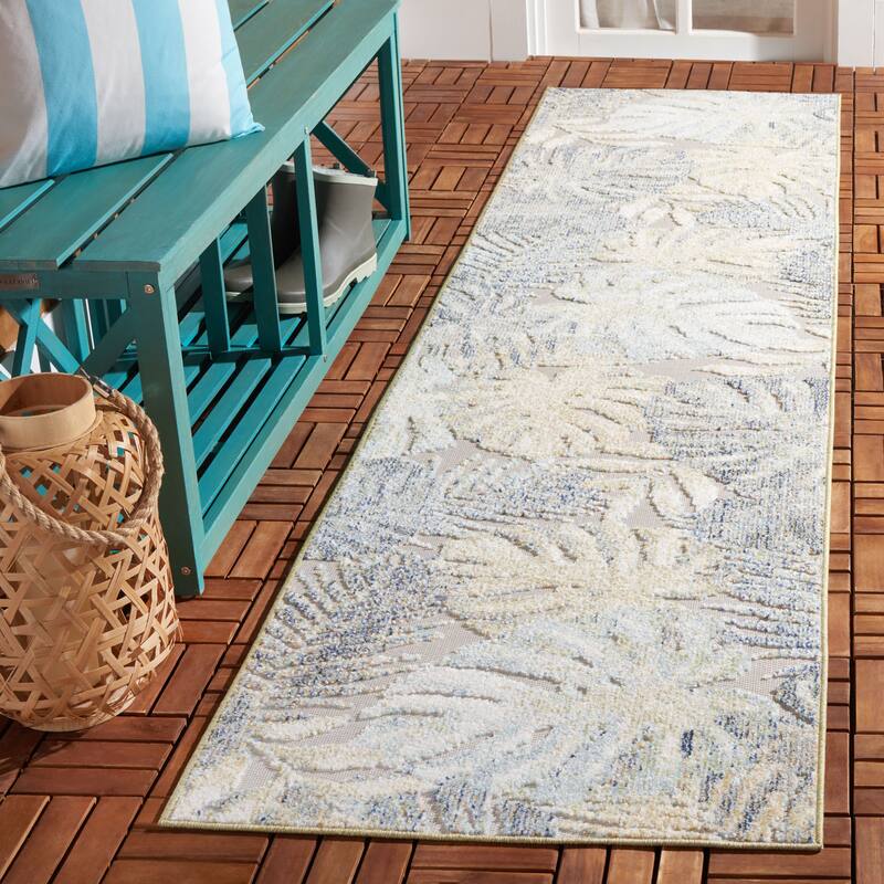 SAFAVIEH Sarasota Mayako Indoor/Outdoor Rug - 2'3" x 9' Runner - Light Green/Ivory