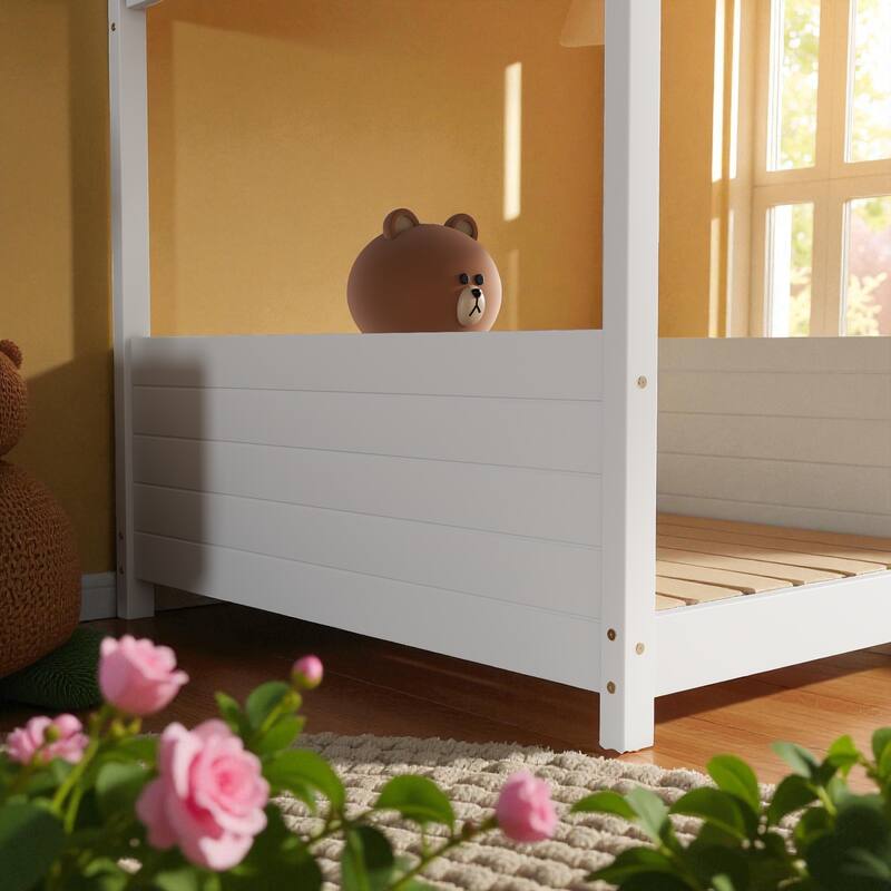 Twin Over Twin House Floor Bunk Bed with Ladder, Rubber Wood Frame with Guardrails, Headboards and Footboards for Kids