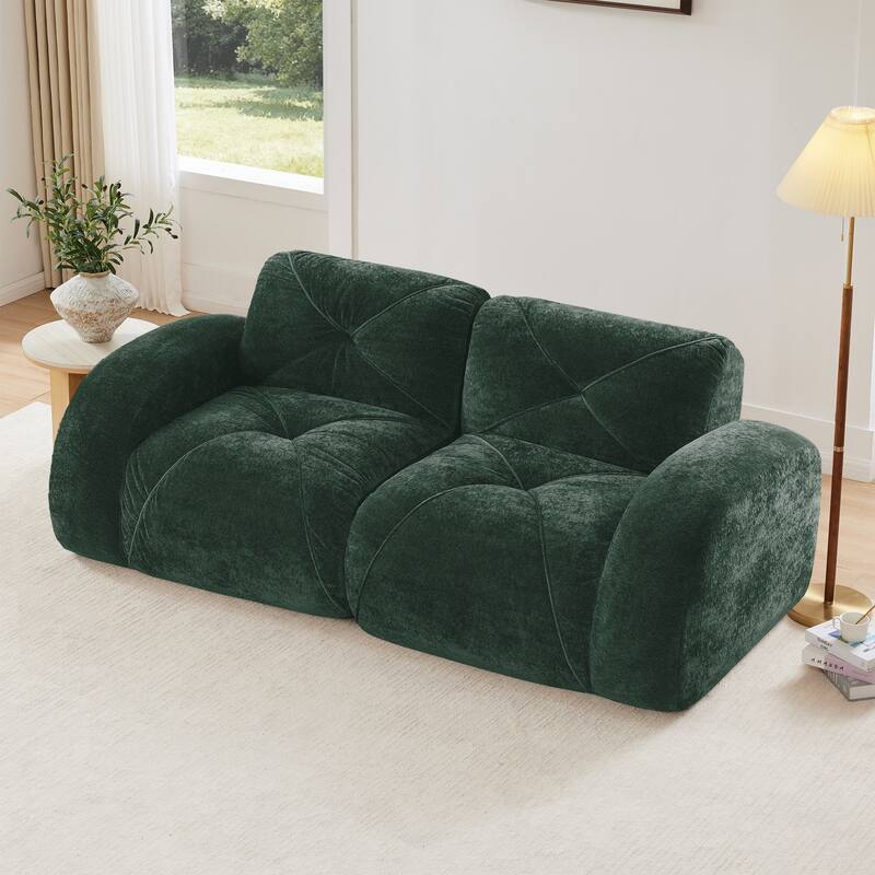 Velvet Tufted Loveseat Sofa Modular Couch, Boneless Deep Seat 2-Seater Couch, Available with/without Ottoman - Green - 2 Seat
