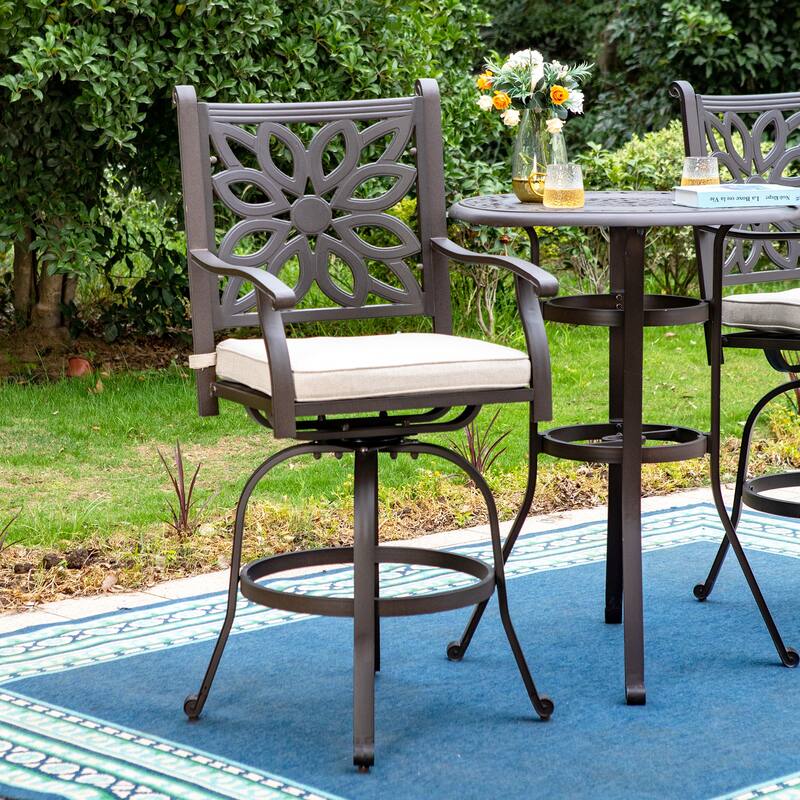 MAISON ARTS 3-Piece Cast Aluminum Patio Bar Stool Set of 1 Bar Table & 2 Swivel High Bar Stools