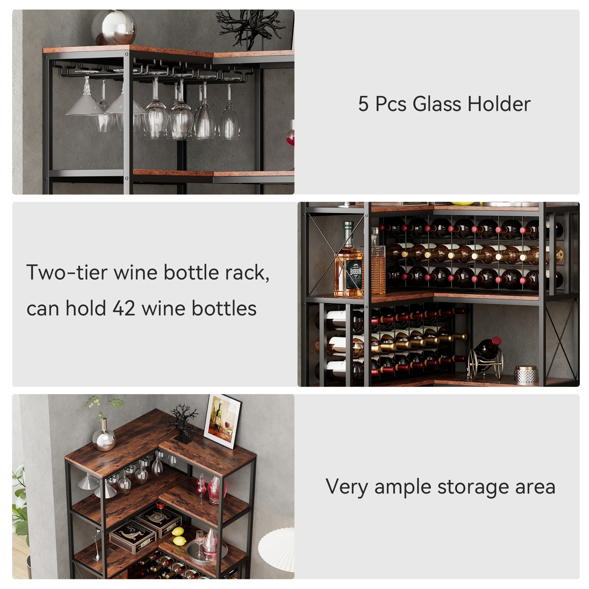 Corner Wine Rack Bar Cabinet Industrial Freestanding Floor Bar