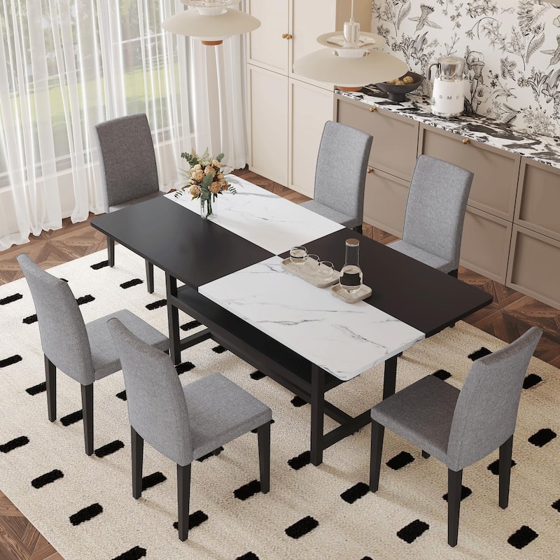 71" Two-Tone Rectangular Dining Table Set with Lower Storage Shelf, Modern Kitchen Dining Table & Chairs Set for Family