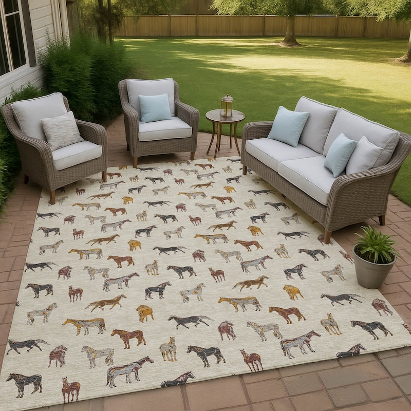Machine Washable Indoor/ Outdoor Horses Chantille Rug - Beige - 3' x 5'