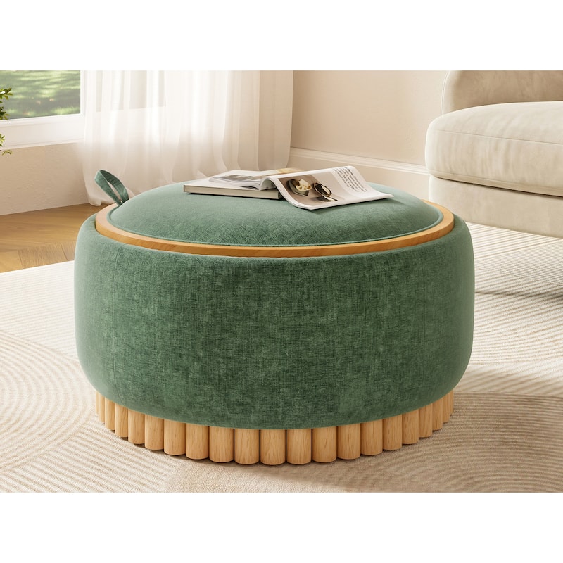 Roomfitters 29 Inch Round Storage Ottoman with Reversible Wooden Tray Top, Upholstered Coffee Table for Living Room