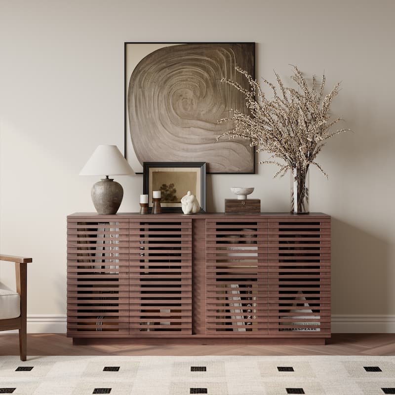 59.92" Long Sideboard Buffet with 4 Louvered Doors, Wood Buffet Storage Cabinet with Adjustable Shelves, Coffee Bar Cabinet