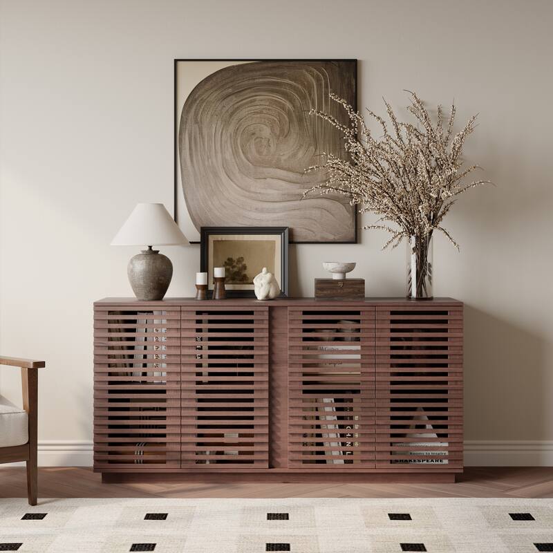 Modern Solid Wood Louvered Door Buffet Sideboard with Adjustable Shelves, for Dining Room, Living Room, Entryway and Hallway