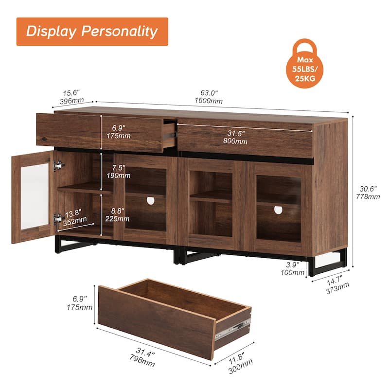Modern Dresser With Glass Doors, Drawer, And Adjustable Shelf - Multifunctional Storage Cabinet For Living Room Or Bedroom