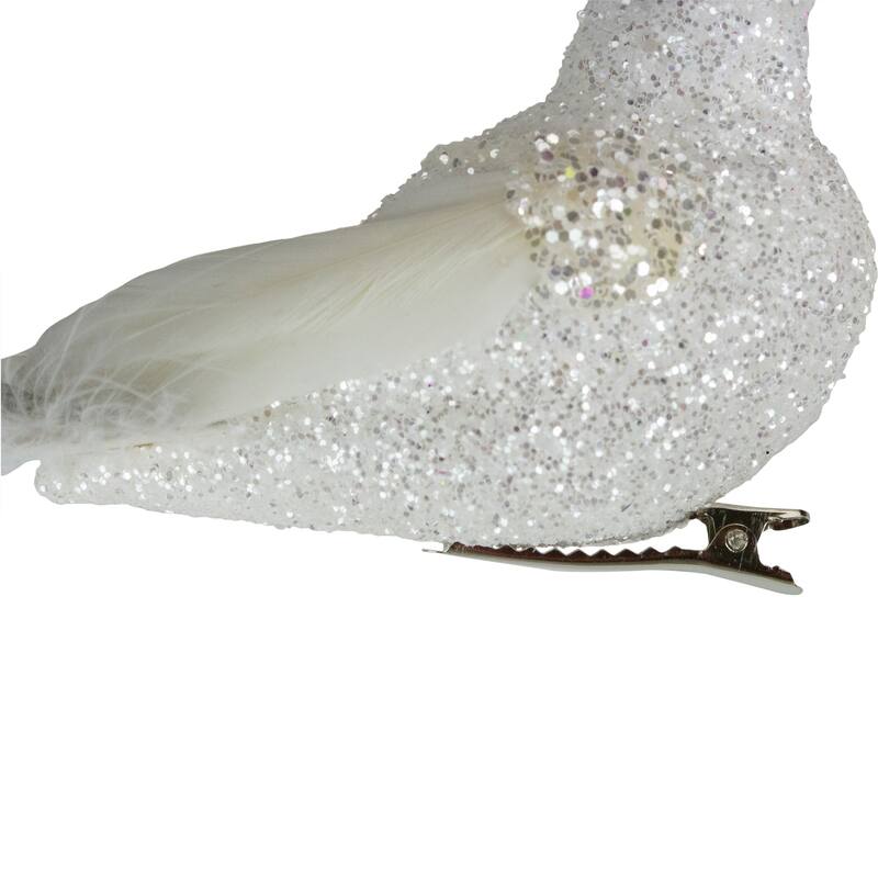 8" White and Black Glittered Bird with Feather Tail Christmas Ornament with Clip