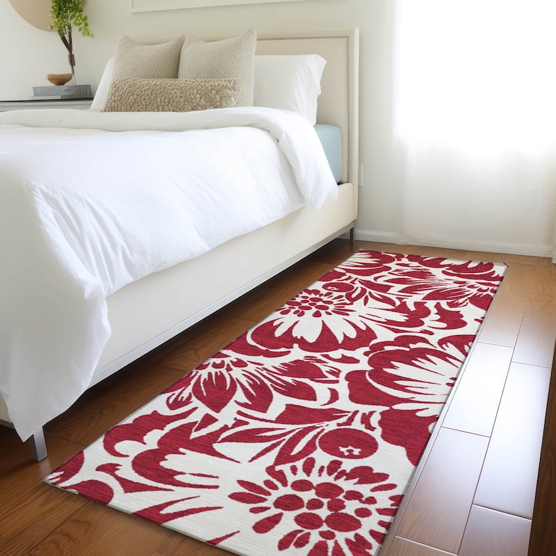 Machine Washable Indoor/ Outdoor Whimsy Floral Chantille Rug - Burgundy - 2'3" x 7'6"