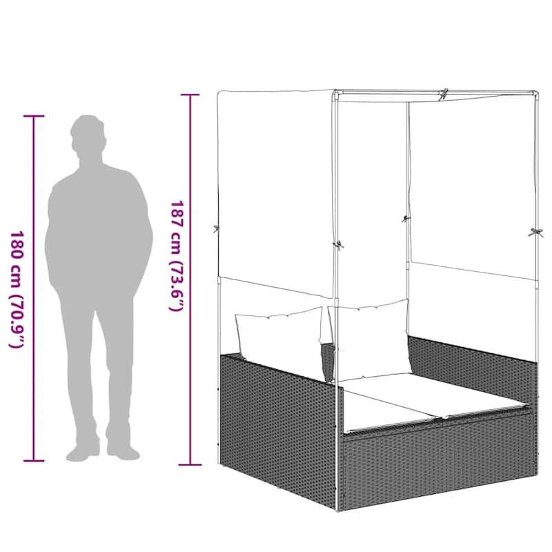 vidaXL Double Sun Lounger with Roof and Curtains Daybed Furniture Poly Rattan - 43.3 x 46.5 x 73.6