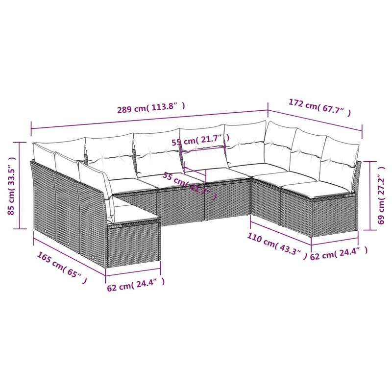 vidaXL 9/10 Piece Patio Sofa Set with Cushions Brown/Gray Poly Rattan - 21.7 x 24.4 x 27.2