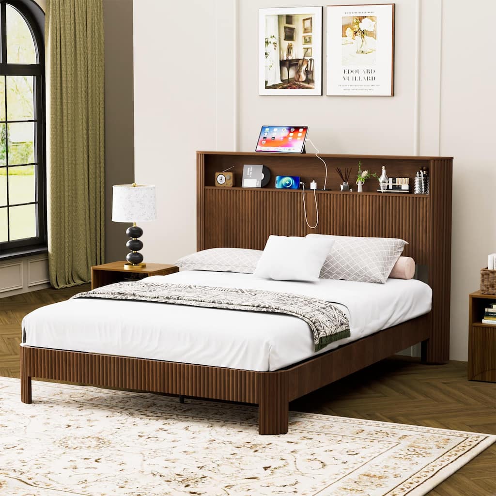 Queen Size Bed Frame with Storage Headboard, Built-in Charging Station, Wavy Design, Silent Operation, Walnut Finish