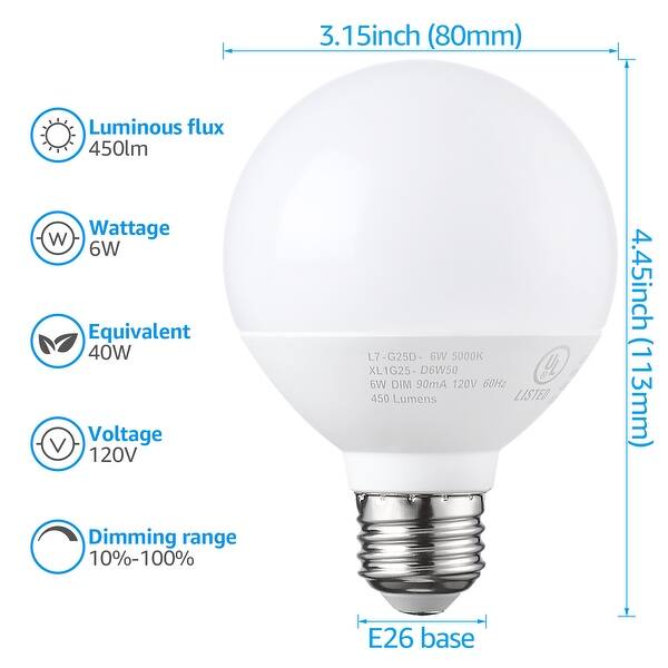 Shop 6 Pack 6w Dimmable G25 Globe Led Bulb Vanity Light 5000k Daylight 450lm Overstock 31621977
