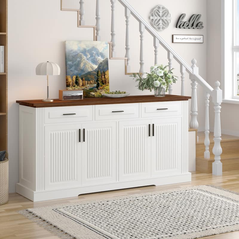 63" Fluted Farmhouse Credenza - Multi-Functional Storage Unit with Coffee Bar Top, 4 Cabinet Doors & 3 Organizational Drawers‌