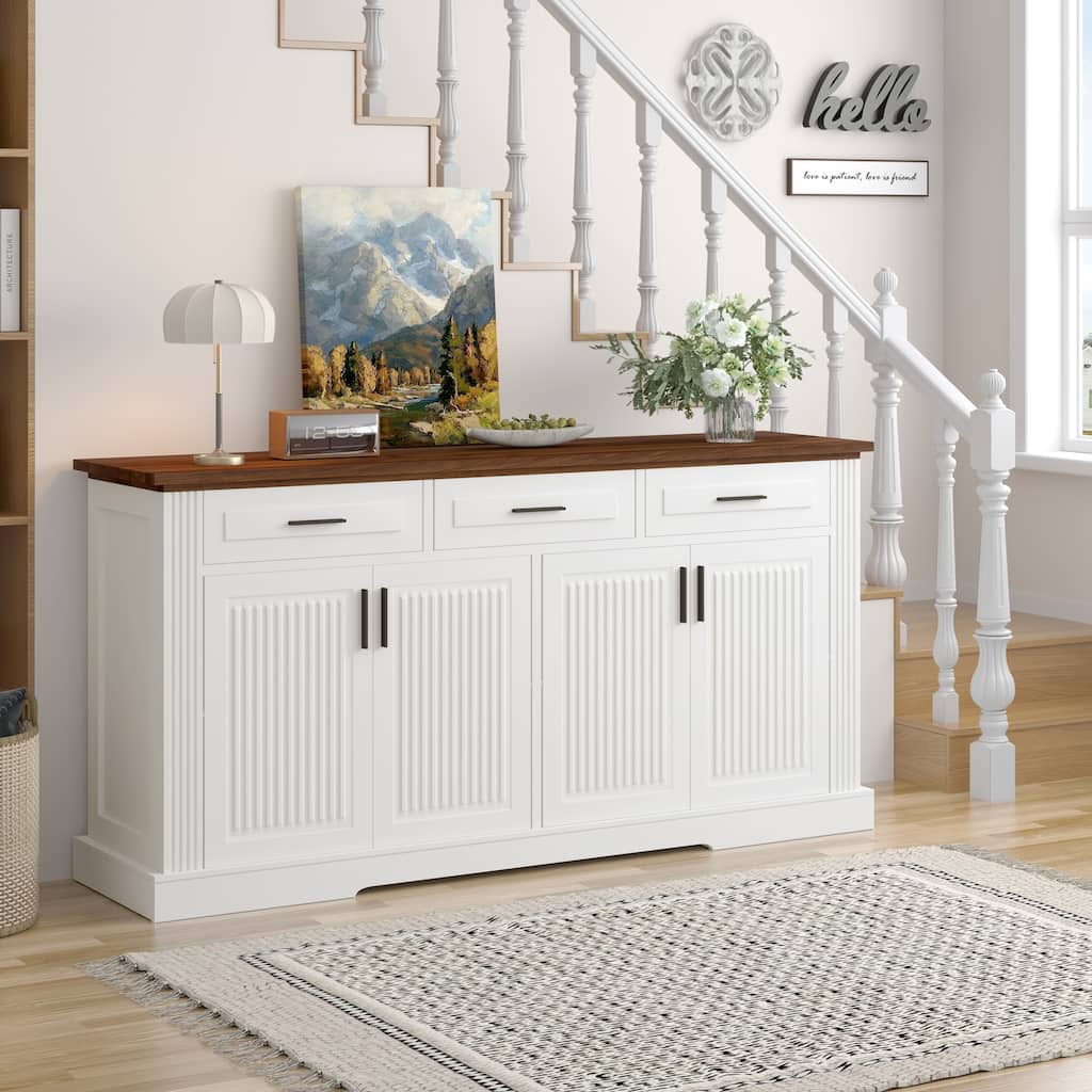 63" Sideboard Buffet Cabinet with Storage, Fluted Coffee Bar Station with 4 Doors and 3 Drawers, Kitchen Storage Console Table