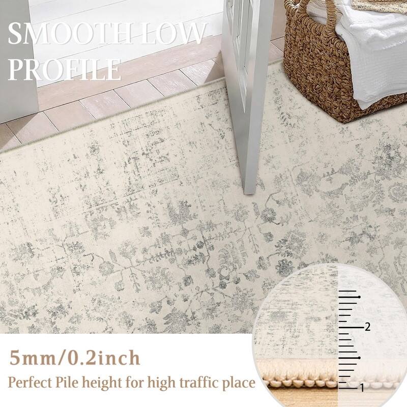 Light Grey Machine Washable Area Rug Retro Floral Vintage Low Pile Carpet
