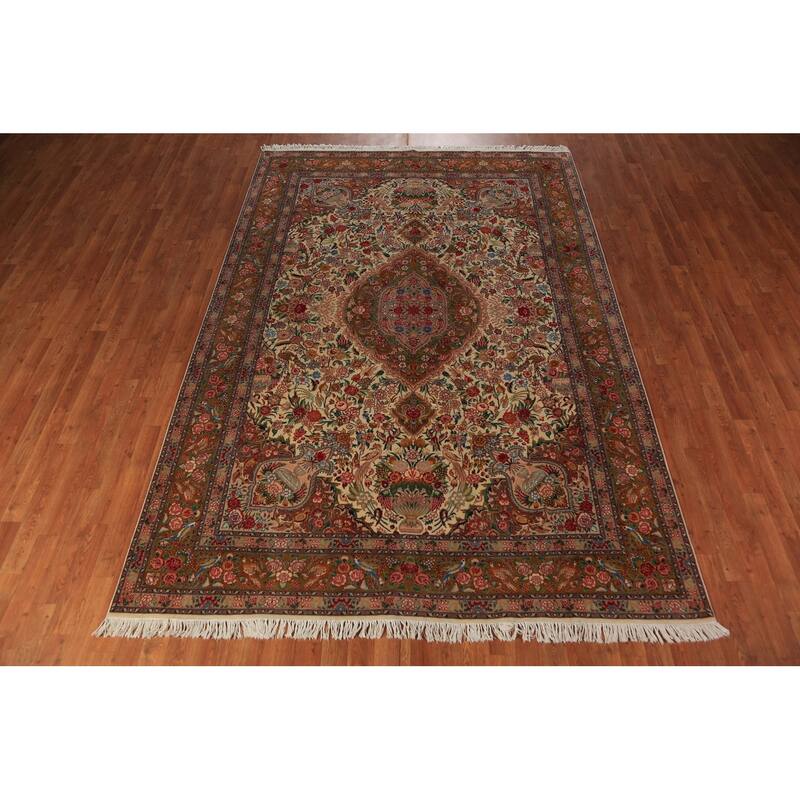 Vegetable Dye Tabriz Persian Area Rug Handmade Silk & Wool Carpet - 6'7" x 9'10"