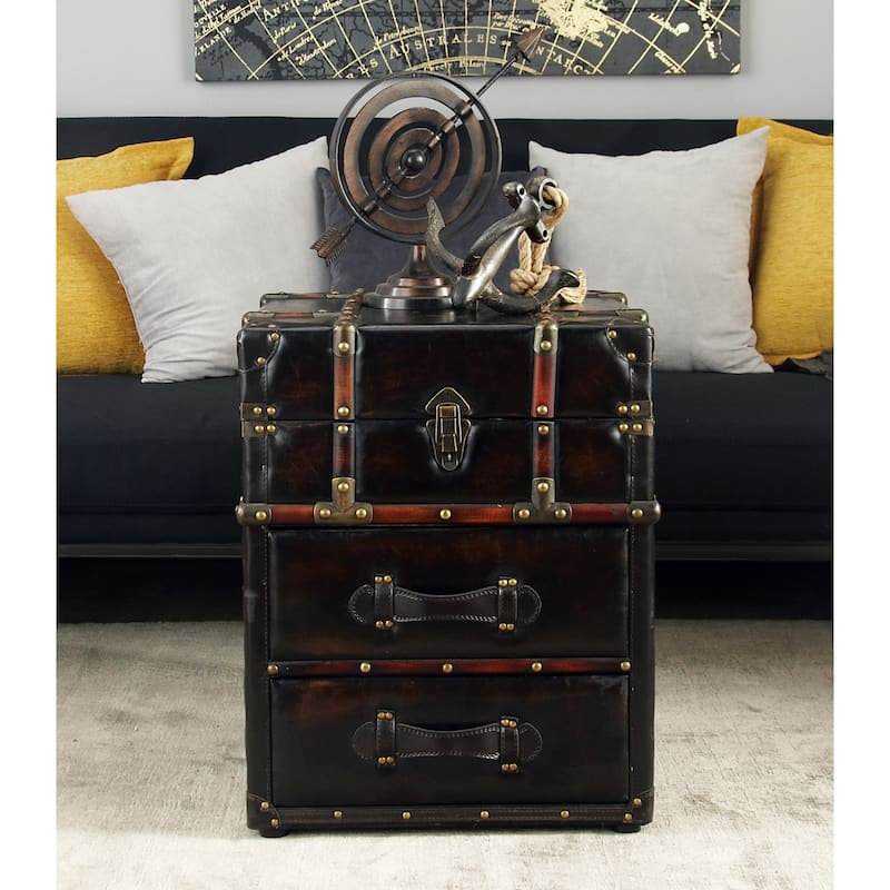 Faux Leather Vintage 2 Drawer Accent Table with Buckle Hinged Top - Dark Brown - Roche River Decor