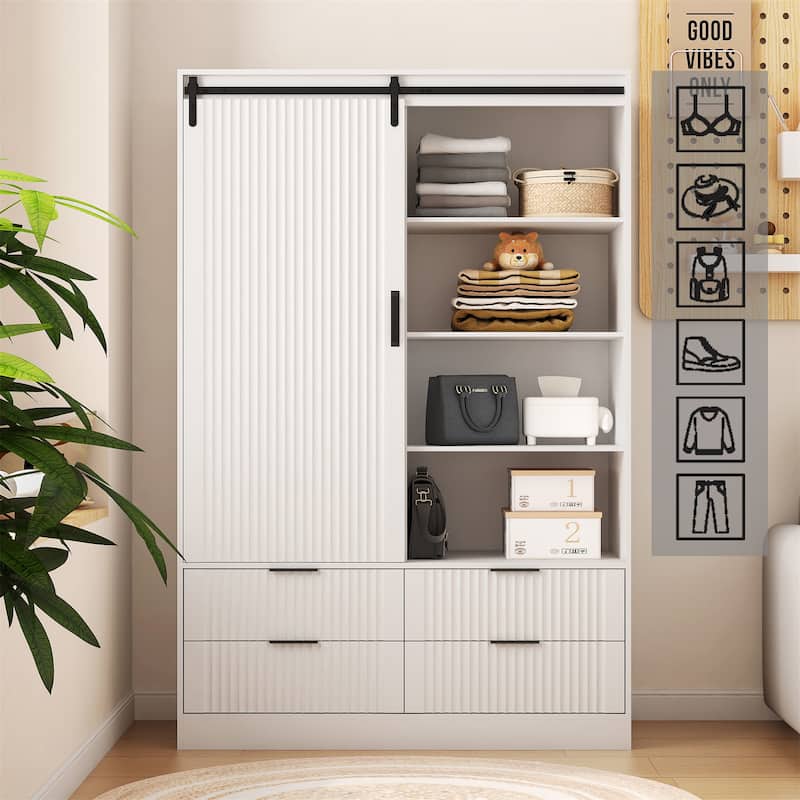 Storage Cabinet with Door Drawers Open Shelves - White