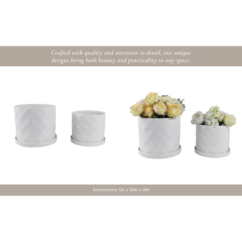 Ceramic Saucer Planters Geometric Finish (Set of 2) - 10", 9" White - 11.75" x 11.75" x 10.25"