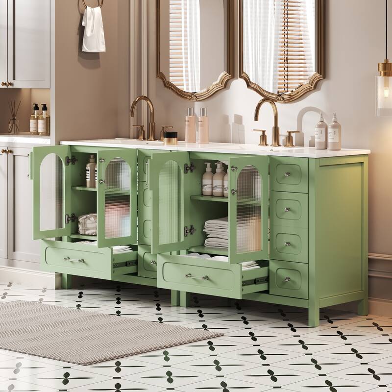 72" Bathroom Cabinet with Waffle Texture Doors,Bathroom Vanity with Eight Drawers,Four Soft-Closing Doors and Double Sink Top