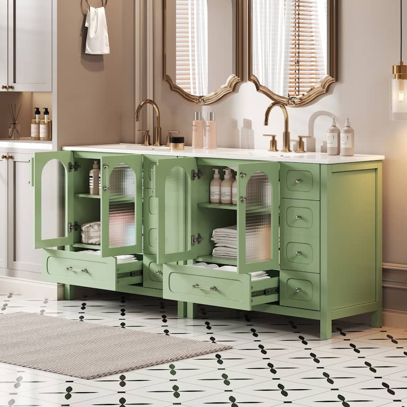 72" Double Sink Bathroom Vanity - Waffle Texture Doors, 8 Drawers & 4 Soft-Close Cabinets, Large Storage with Glass Accents