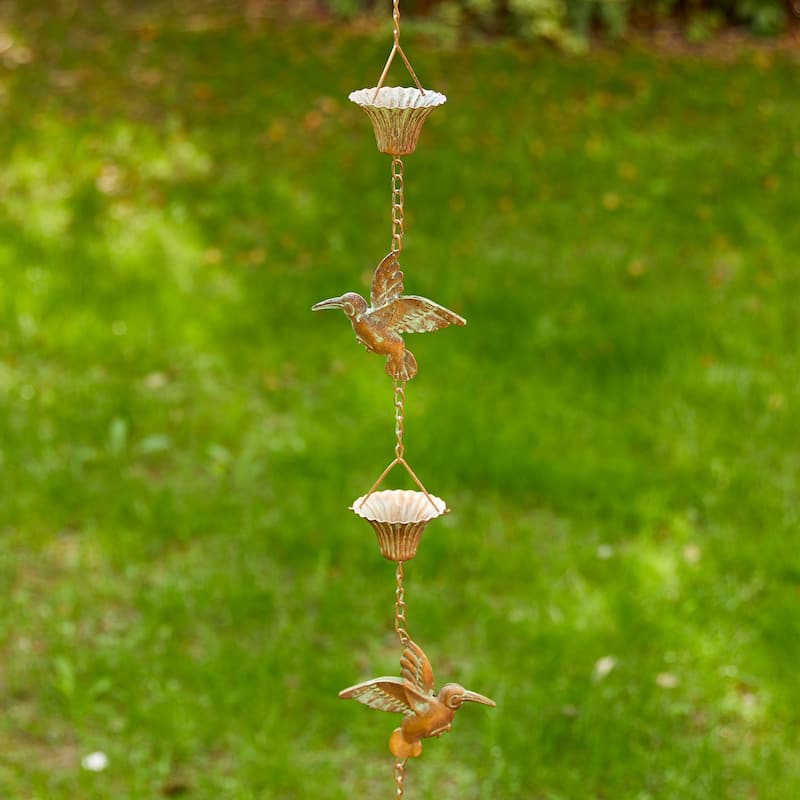 Glitzhome 8.5ft 15-Piece Faux Copper Patina Finish Bird and Cup Shaped Rain Chain with V-Shaped Gutter Clip