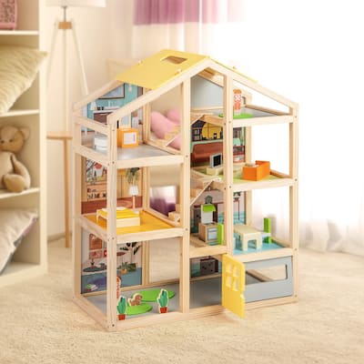 18 Furniture Pieces Children’s Wooden Dollhouse Playset with Kitchen Bedroom and Living Room - 24" x 12" x 29.5"