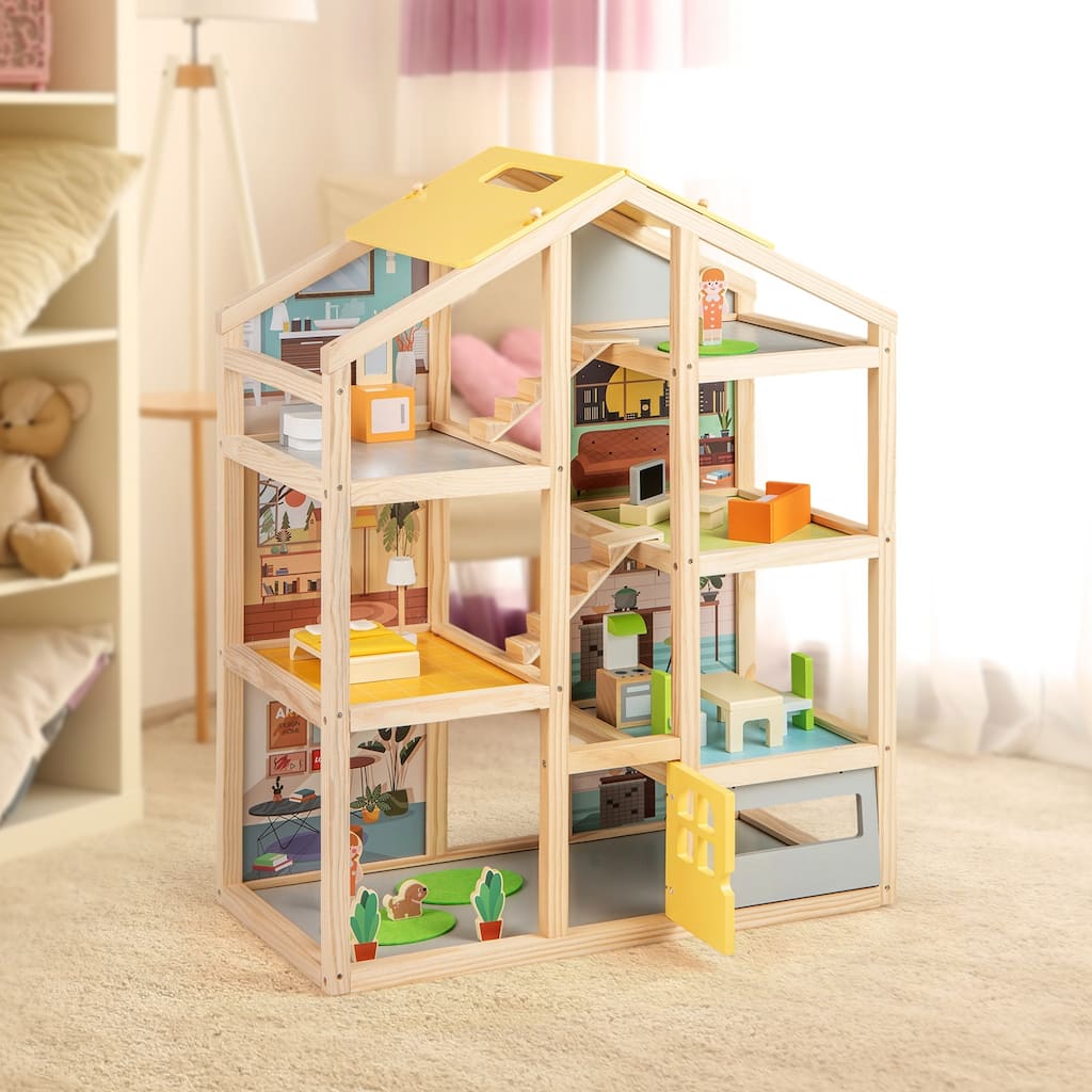 18 Furniture Pieces Children’s Wooden Dollhouse Playset with Kitchen Bedroom and Living Room - 24" x 12" x 29.5"