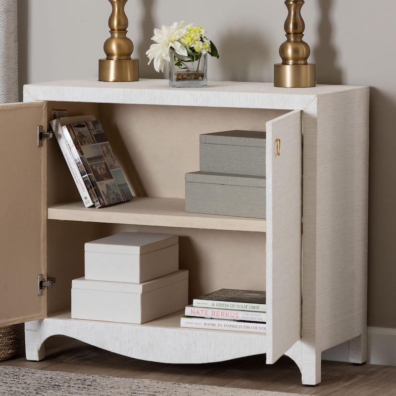 Ximena Grasscloth Storage Cabinet - 2-Door Woven Accent Cabinet with Gold Ring Pulls for Living Room, Bedroom, or Entryway