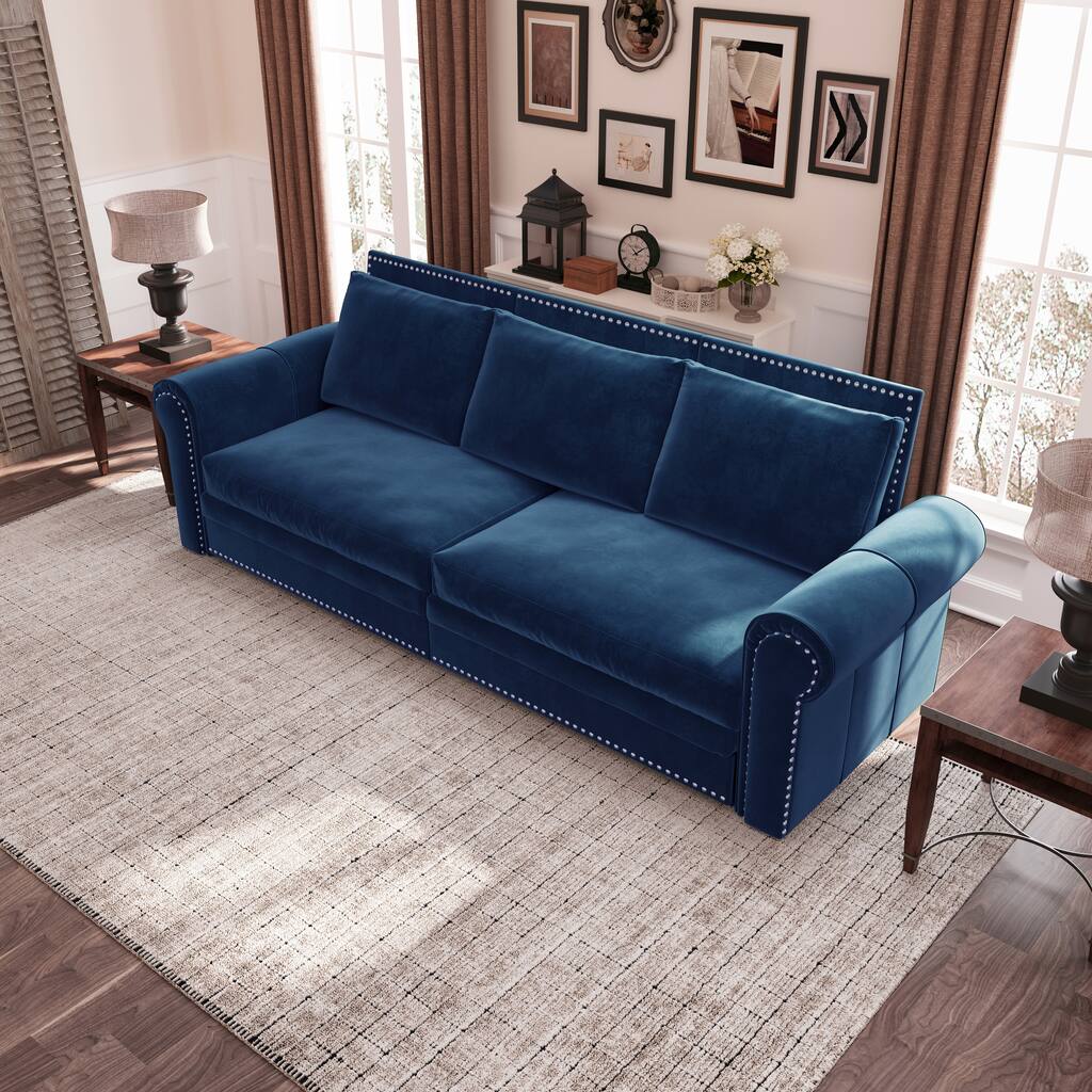 93.7" King Pull Out Sofa Bed w/ Nailhead Trim & Rolled Arm for Living Room Bedroom - Blue
