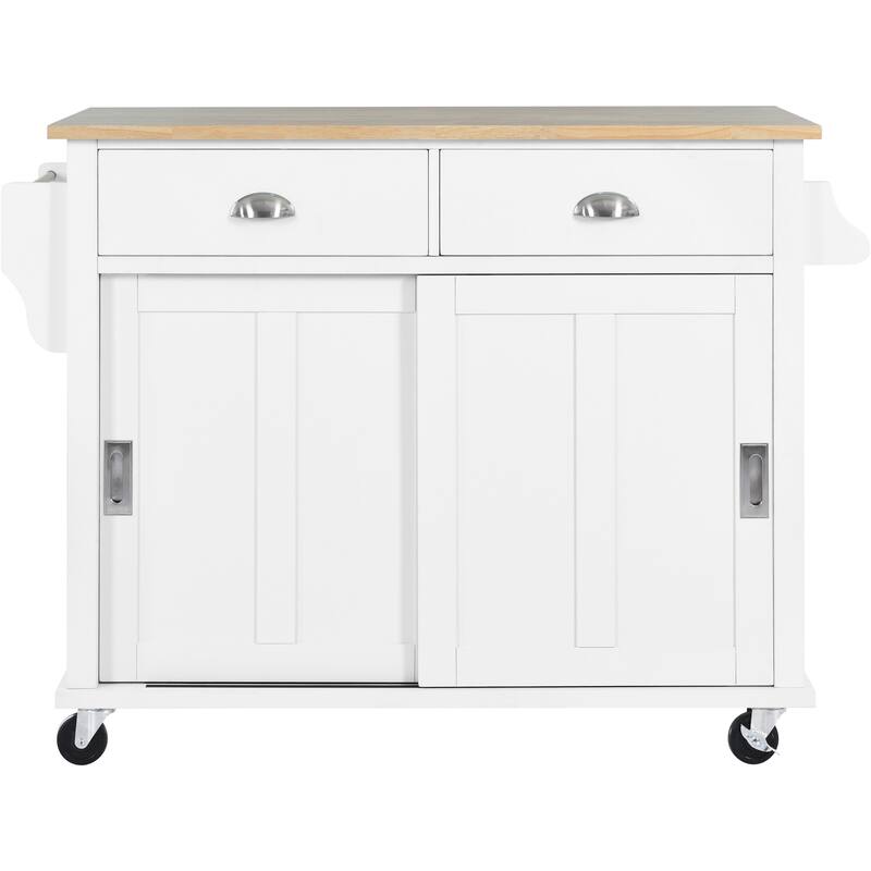 Kitchen Cart,Kitchen Island with Wood Drop-Leaf Countertop,Sliding Barn Door Adjustable Height, Wheels,Cabinet and 2 Drawers - White