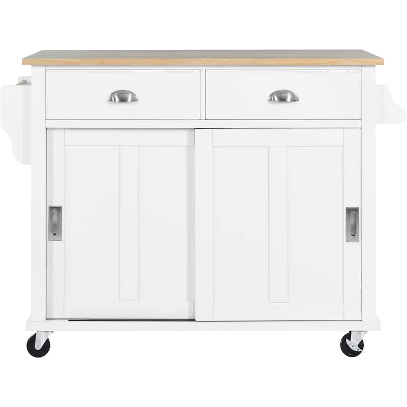 Kitchen Island with Drop-Leaf Countertop, Rolling Kitchen Cart on Wheels, Storage Trolley with 2 Drawers & 2 Sliding Doors