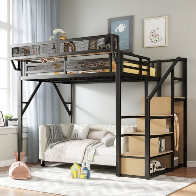 Metal Loft Bed with Reversible Storage Stairs, Built-In Wardrobe and Side Shelves, Underbed Workspace