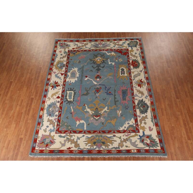 Light Blue Oushak Area Rug Hand-Knotted Floral Wool Carpet - 8'11"x 11'8"