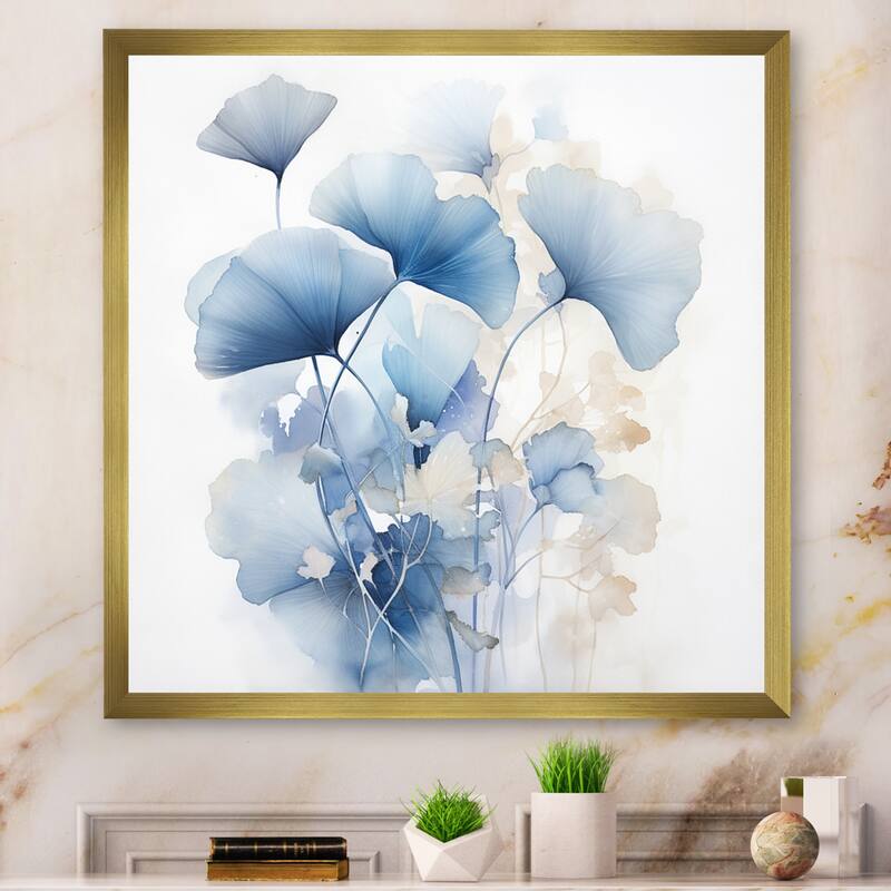 Designart "Delicate Blue Ginko Leaves On White Watercolor" Leaves Framed Wall Art Living Room - 36 in. wide x 36 in. high - Gold